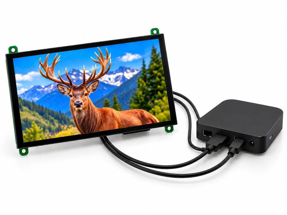 BIBA 7 inch HDMI touch display connected to an Android media box with HDMI and USB cables