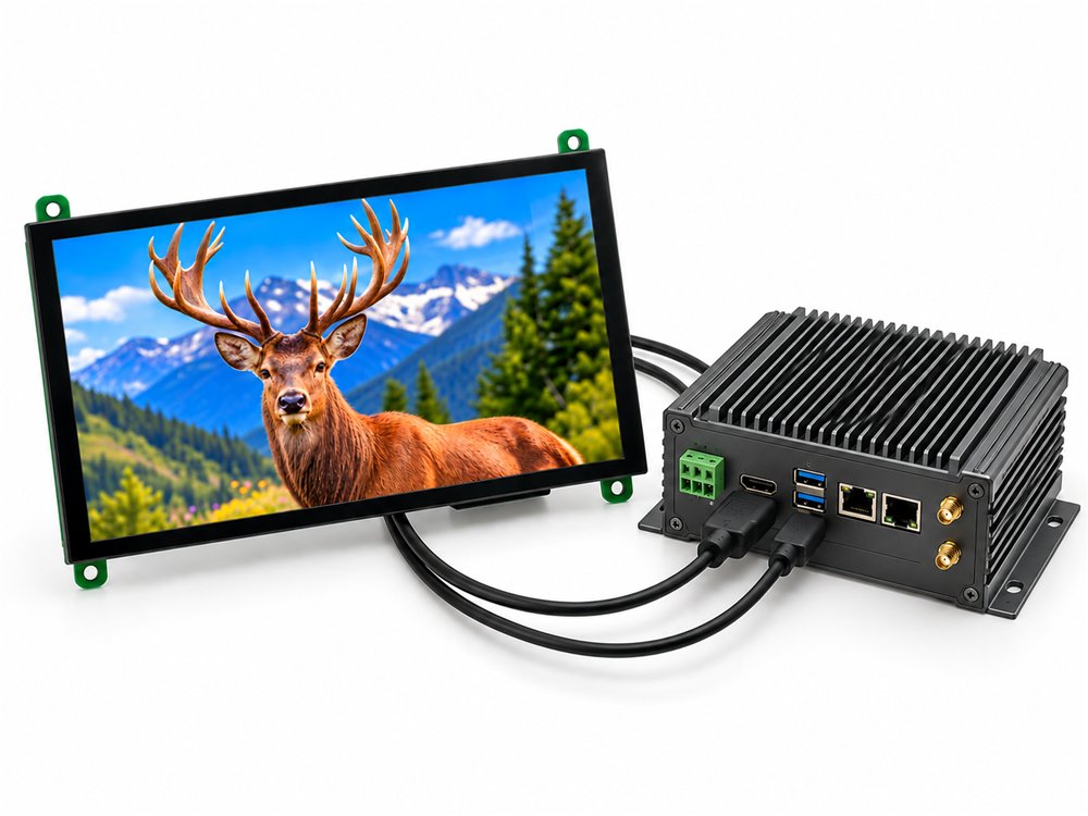 BIBA 7 inch HDMI touch display connected to a rugged DIN-rail industrial computer with HDMI and USB cables