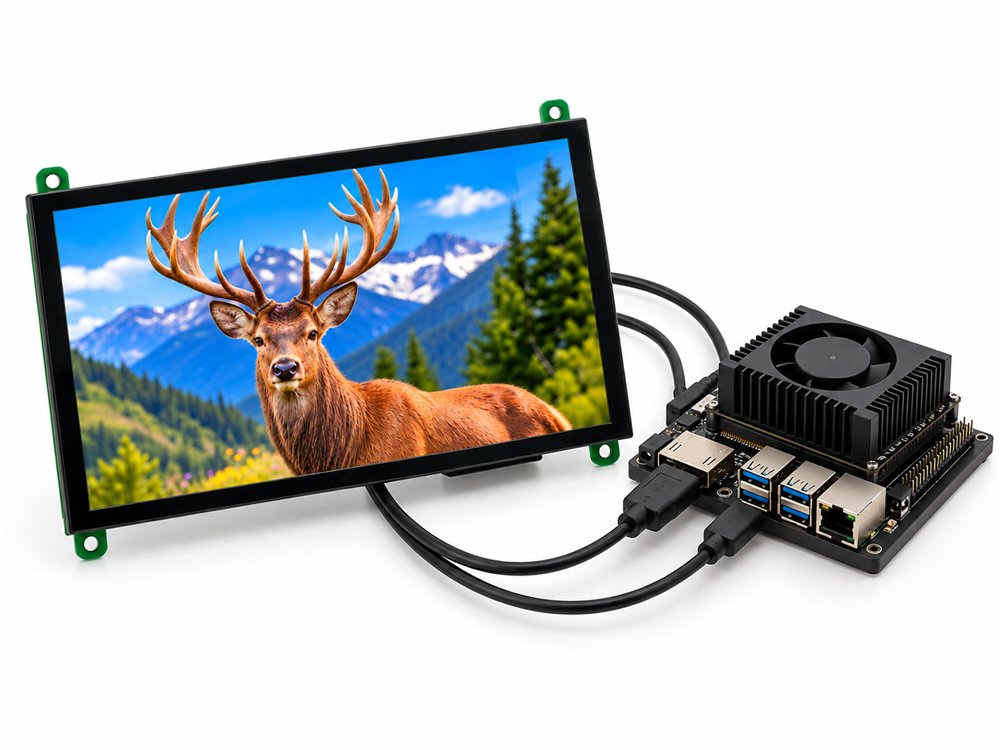 BIBA 7 inch HDMI touch display connected to a Jetson class AI developer kit with HDMI and USB cables