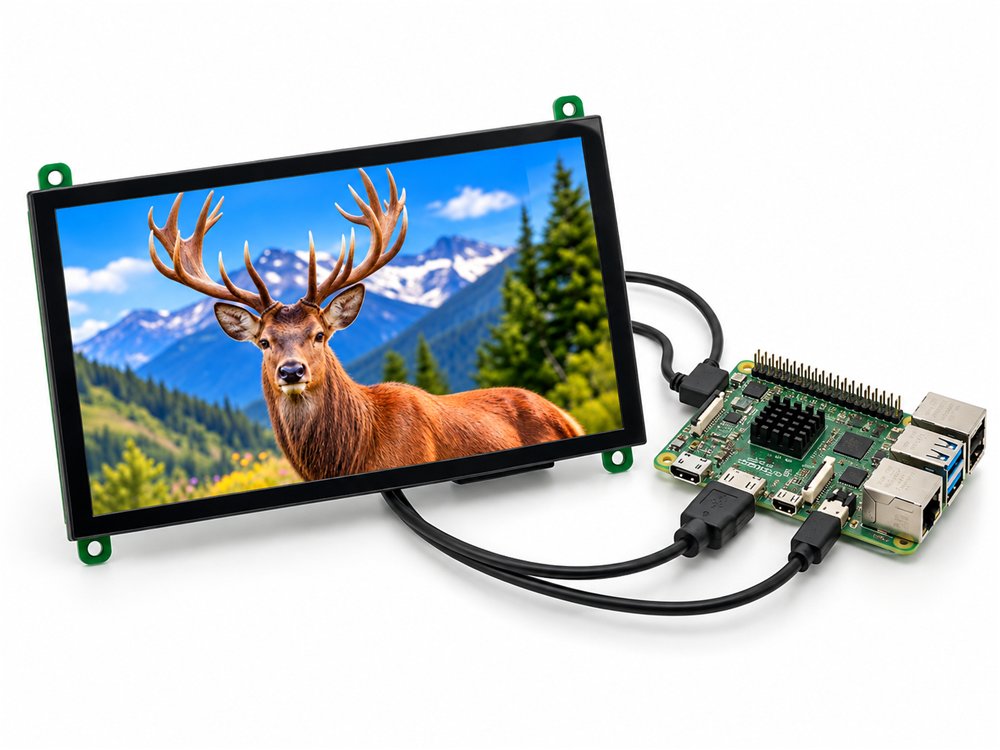 BIBA 7 inch HDMI touch display connected to a Raspberry Pi class single-board computer with HDMI and USB cables