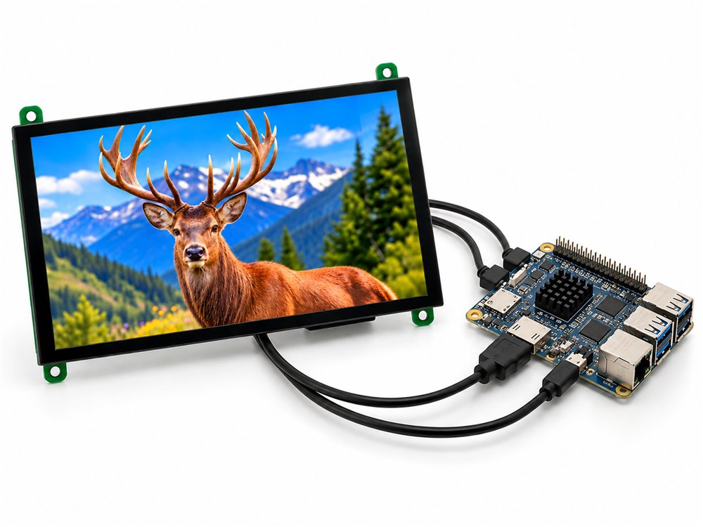 BIBA 7 inch HDMI touch display connected to an ARM single-board computer with HDMI and USB cables