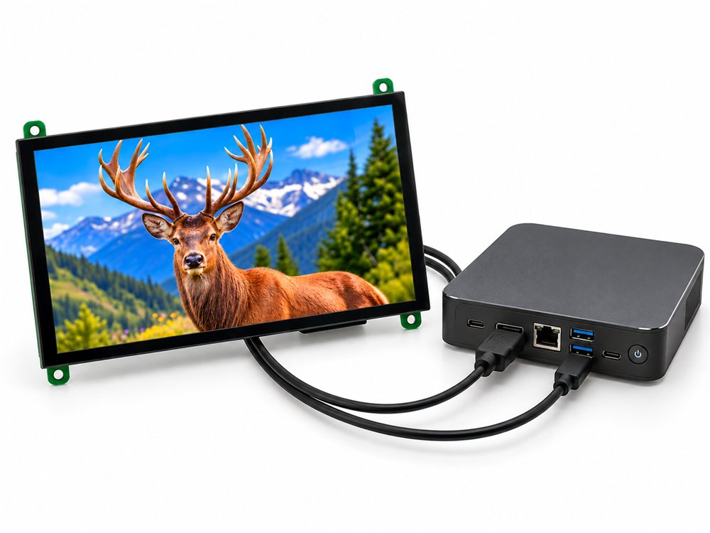BIBA 7 inch HDMI touch display connected to a fanless Windows mini PC with HDMI and USB cables