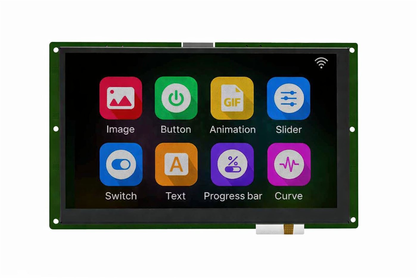 7 inch Smart UART HMI display showing Dsync Studio widgets: image, button, animation, slider, switch, text, progress bar and curve