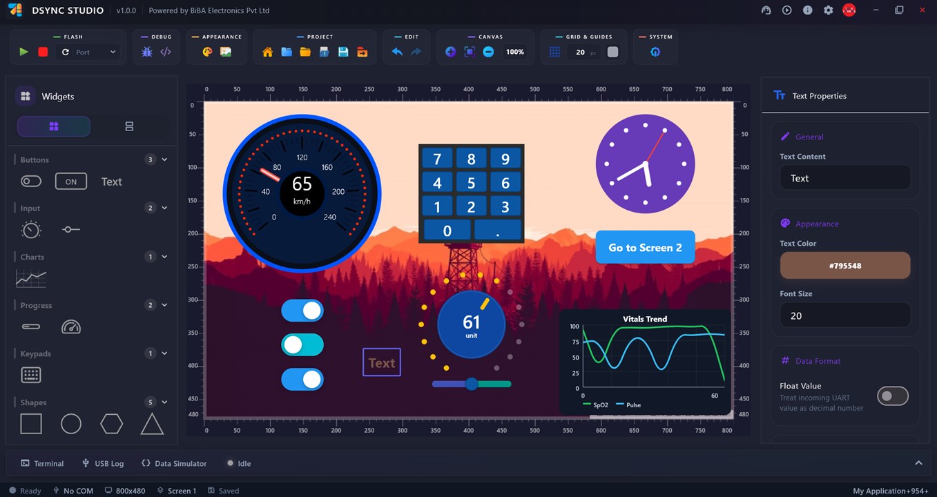 Dsync Studio canvas editor showing a speedometer gauge, numeric keypad, analog clock, toggles, knob and live line chart