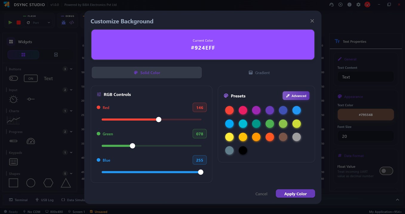 Dsync Studio background color picker with RGB controls, gradients and presets