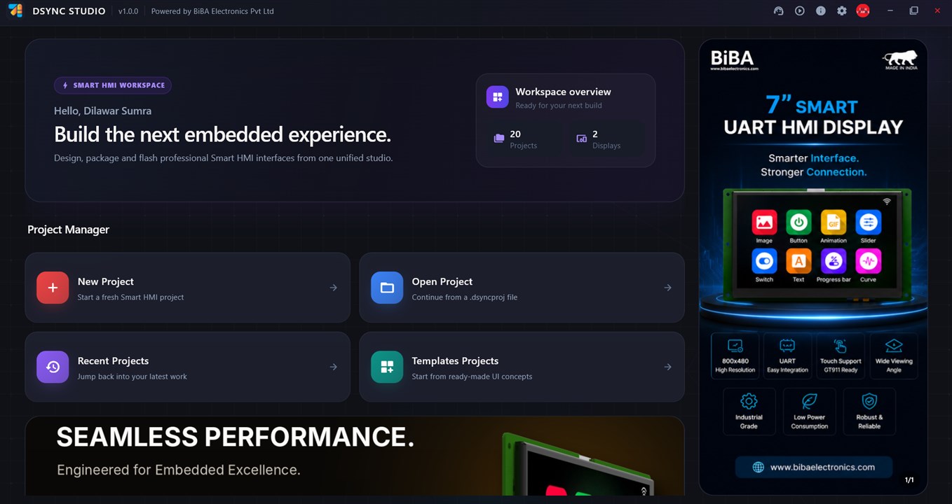 Dsync Studio dashboard with workspace overview and project manager