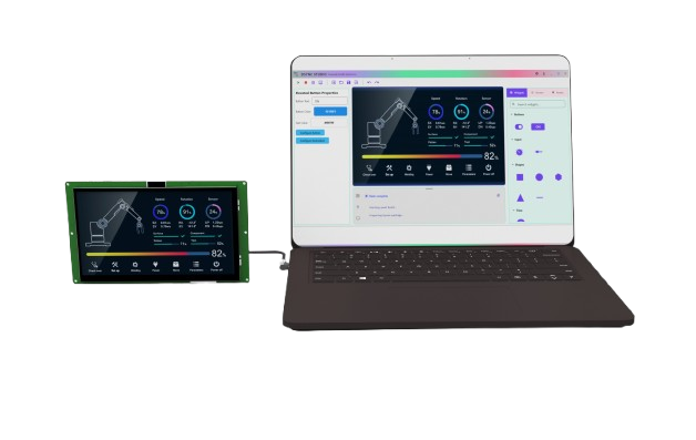 Dsync Studio HMI design software with the widget canvas, property panel and live preview for a Smart UART display
